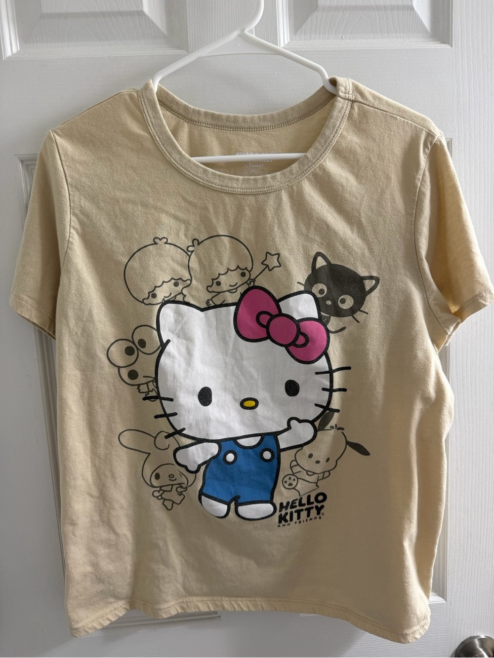 Hello Kitty Beige Tee with Pink Bow and Blue Overalls Large L Shirt Sanrio